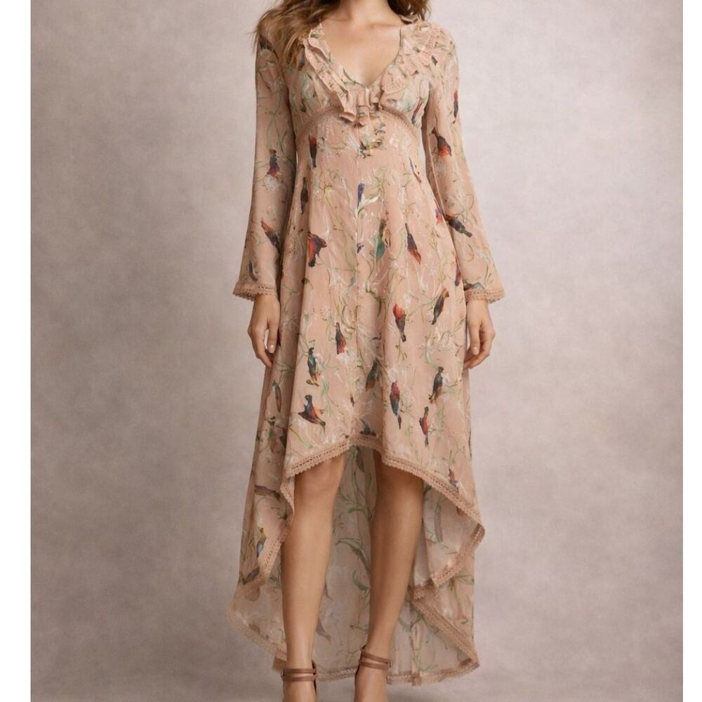 Anthropologie Foxiedox Hummingbird Crepe High Low Maxi Dress M Boho Cottagecore